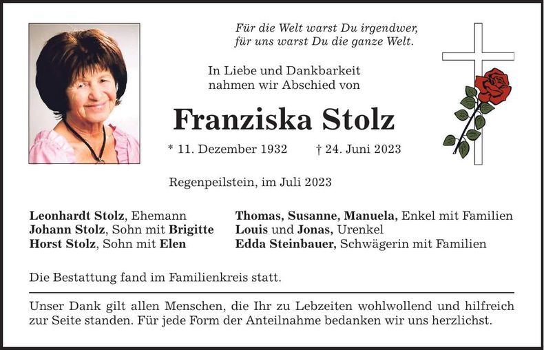 Traueranzeige Franziska Stolz