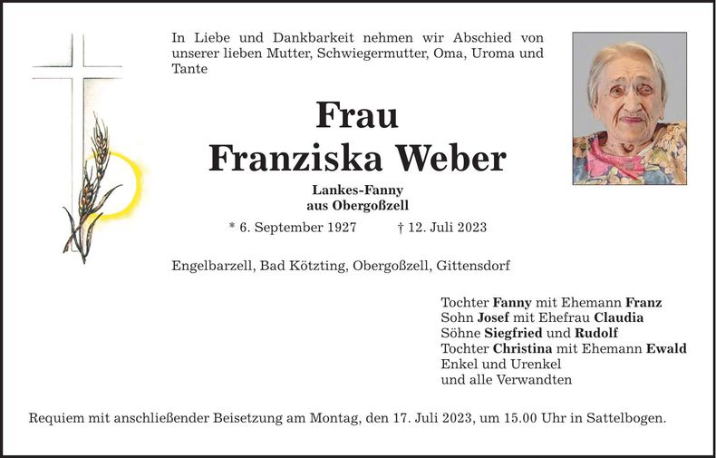 Traueranzeige Franziska Weber