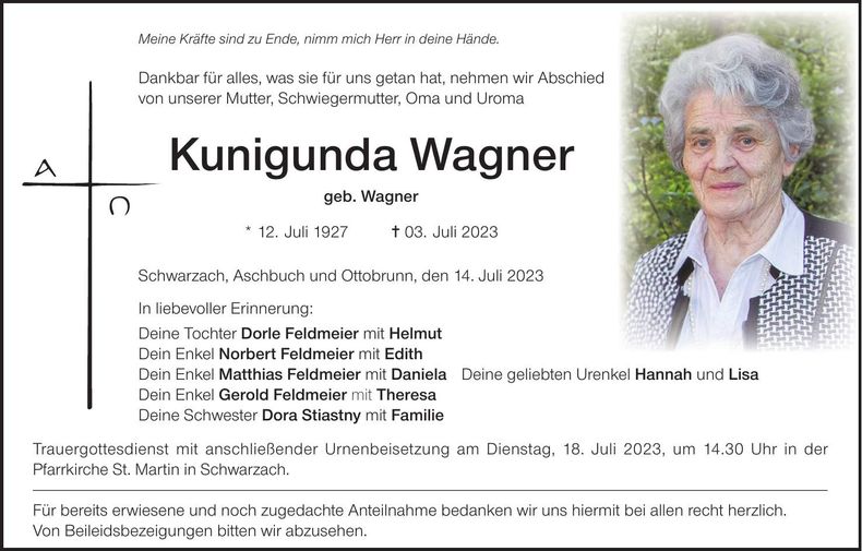 Traueranzeige Kunigunda Wagner