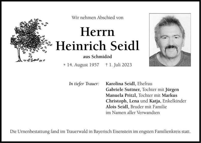 Traueranzeige Heinrich Seidl