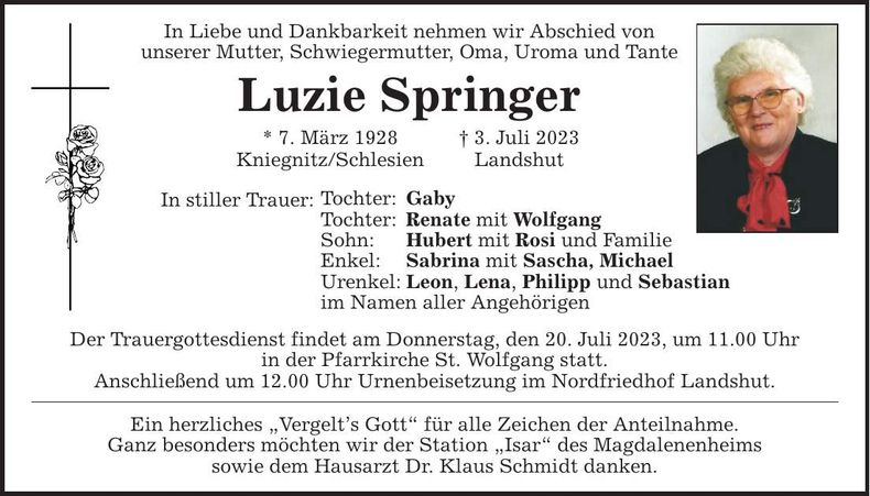 Traueranzeige Luzie Springer