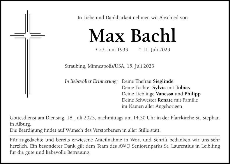 Traueranzeige Max Bachl