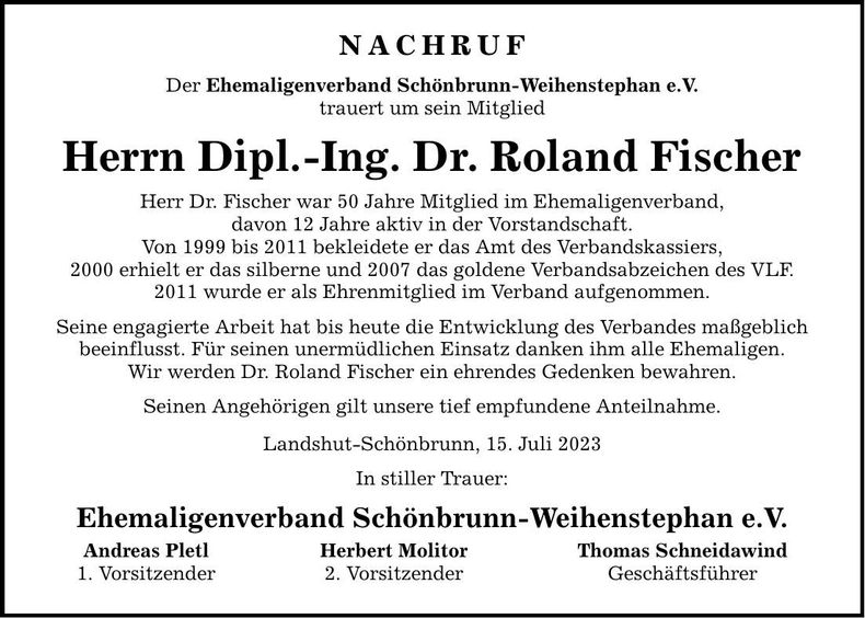 Traueranzeige Roland Dr. Fischer