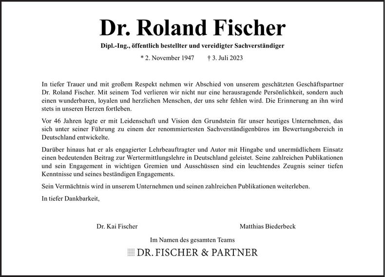 Traueranzeige Roland Dr. Fischer