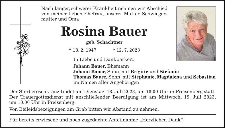 Traueranzeige Rosina Bauer