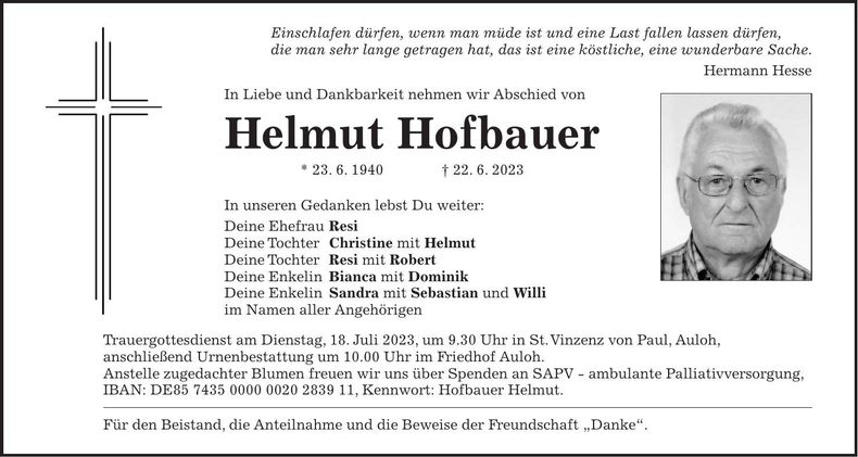 Traueranzeige Helmut Hofbauer