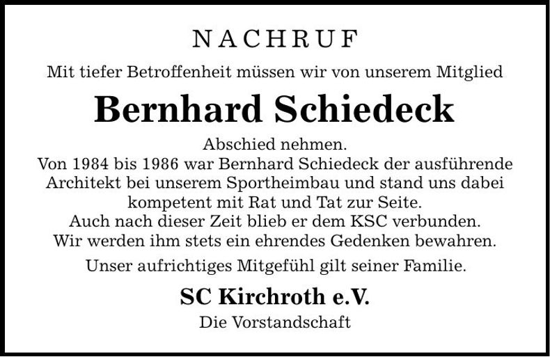 Traueranzeige Bernhard Schiedeck