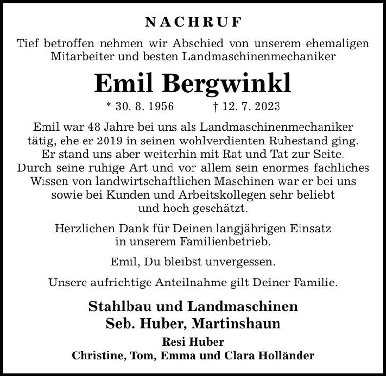 Traueranzeige Emil Bergwinkl
