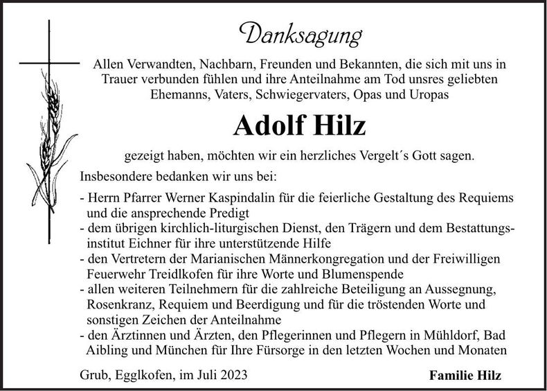 Traueranzeige Adolf Hilz