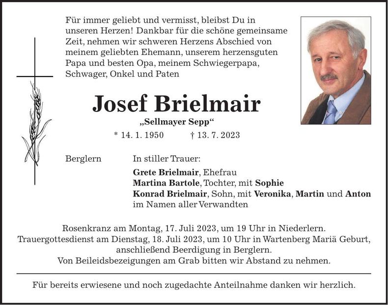 Traueranzeige Josef Brielmair