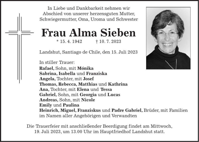 Traueranzeige Alma Sieben