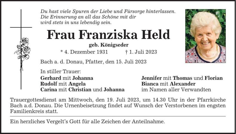 Traueranzeige Franziska Held