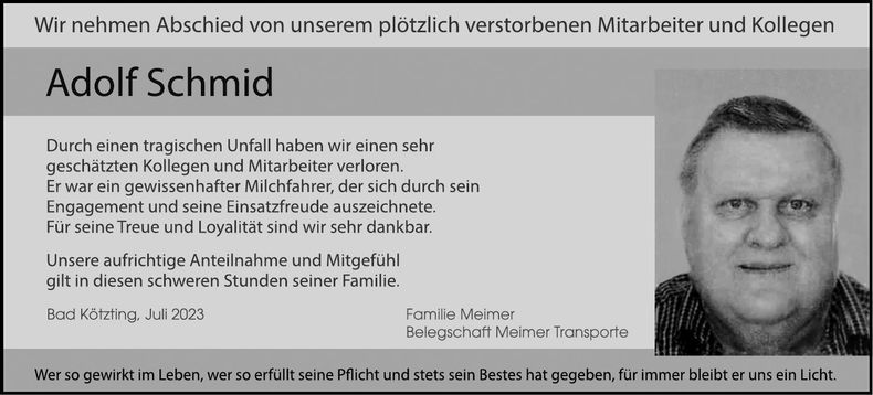 Traueranzeige Adolf Schmid