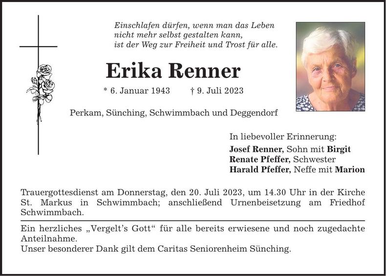 Traueranzeige Erika Renner