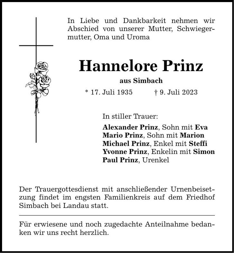 Traueranzeige Hannelore Prinz