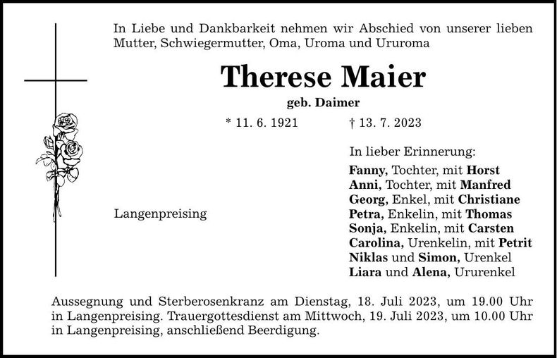 Traueranzeige Therese Maier