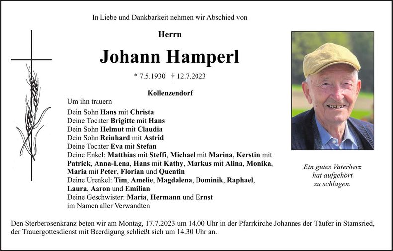 Traueranzeige Johann Hamperl