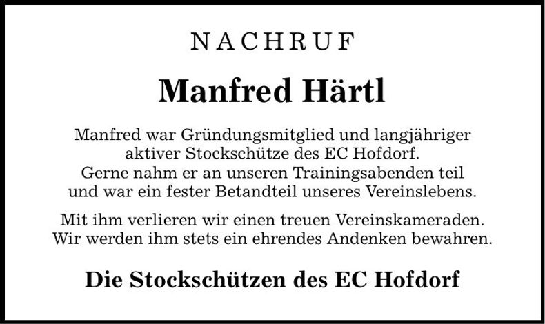 Traueranzeige Manfred Härtl
