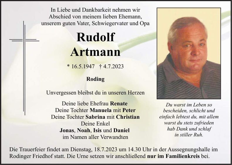 Traueranzeige Rudolf Artmann