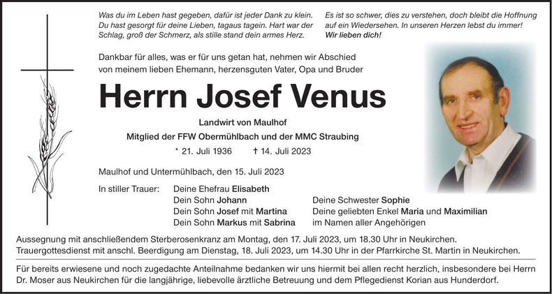 Traueranzeige Josef Venus