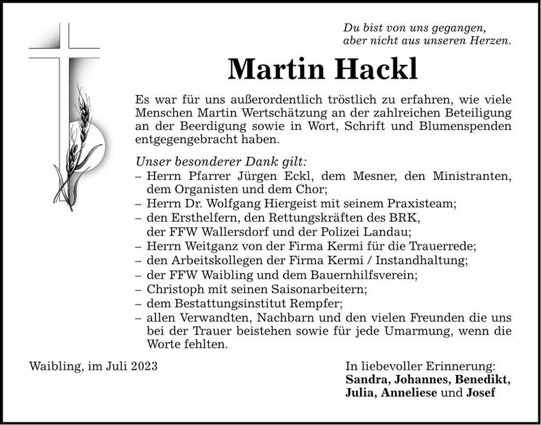 Traueranzeige Martin Hackl