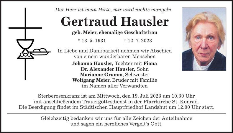 Traueranzeige Gertraud Hausler