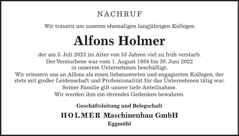 Traueranzeige Alfons Holmer