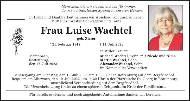 Traueranzeige Luise Wachtel