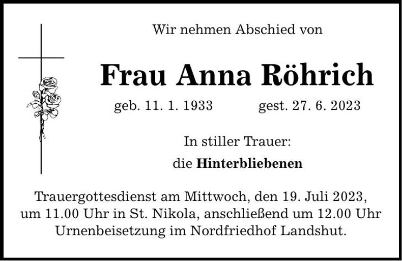 Traueranzeige Anna Röhrich