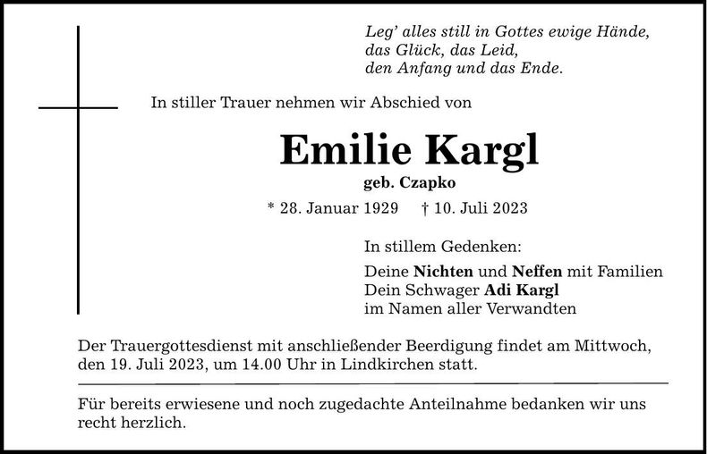 Traueranzeige Emilie Kargl