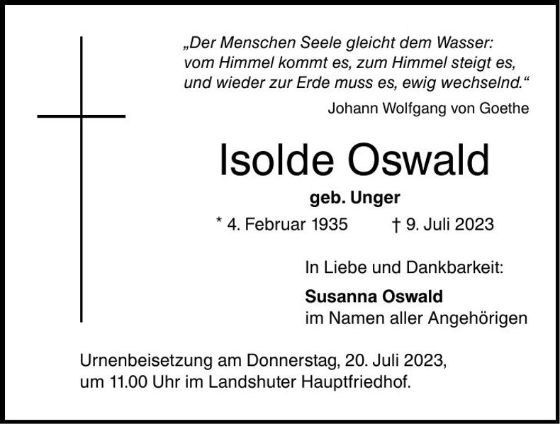 Traueranzeige Isolde Oswald