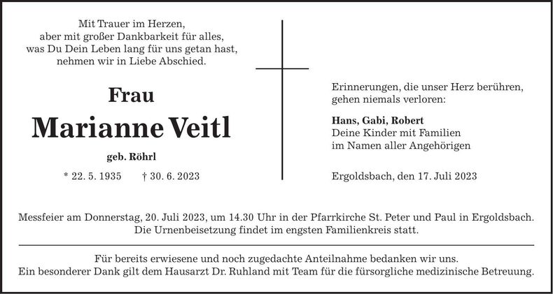 Traueranzeige Marianne Veitl