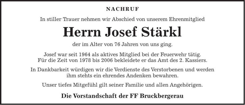Traueranzeige Josef Stärkl