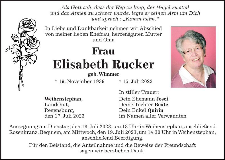 Traueranzeige Elisabeth Rucker