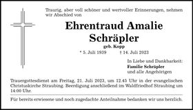 Traueranzeige Ehrentraud Amalie Schräßler