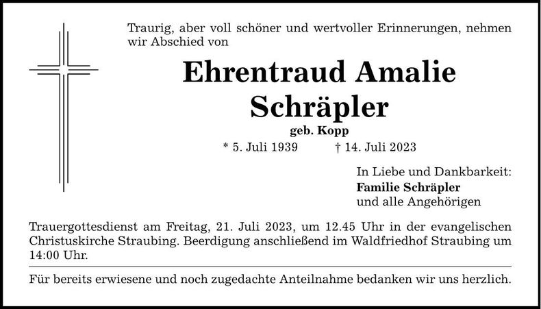 Traueranzeige Ehrentraud Amalie Schräßler