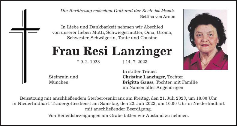 Traueranzeige Resi Lanzinger