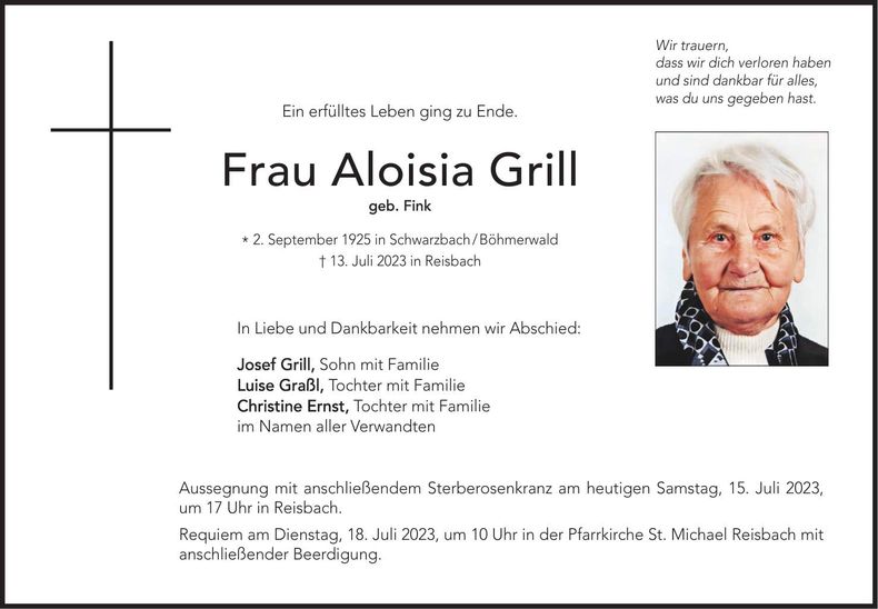 Traueranzeige Aloisia Grill