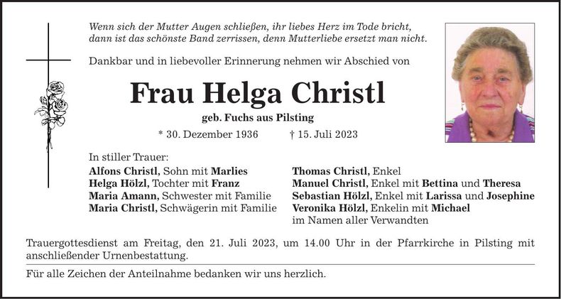 Traueranzeige Helga Christl
