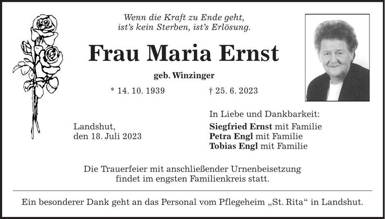 Traueranzeige Maria Ernst