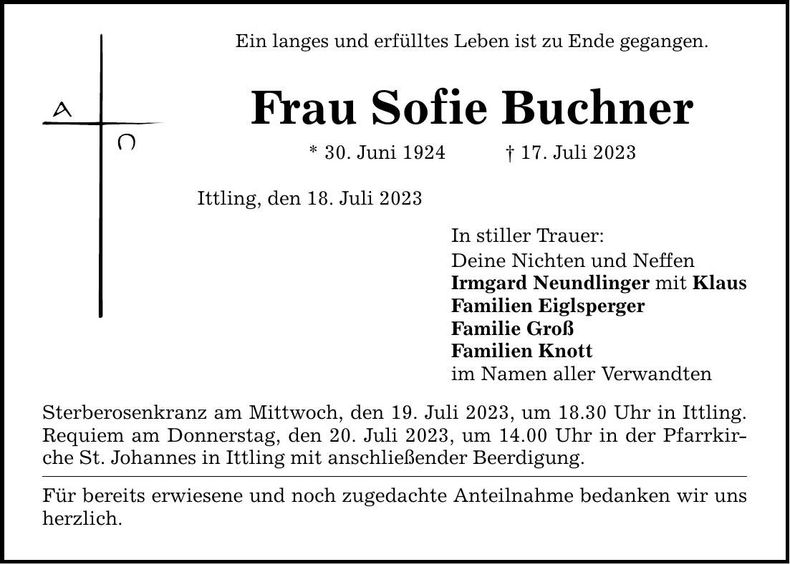 Traueranzeige Sofie Buchner