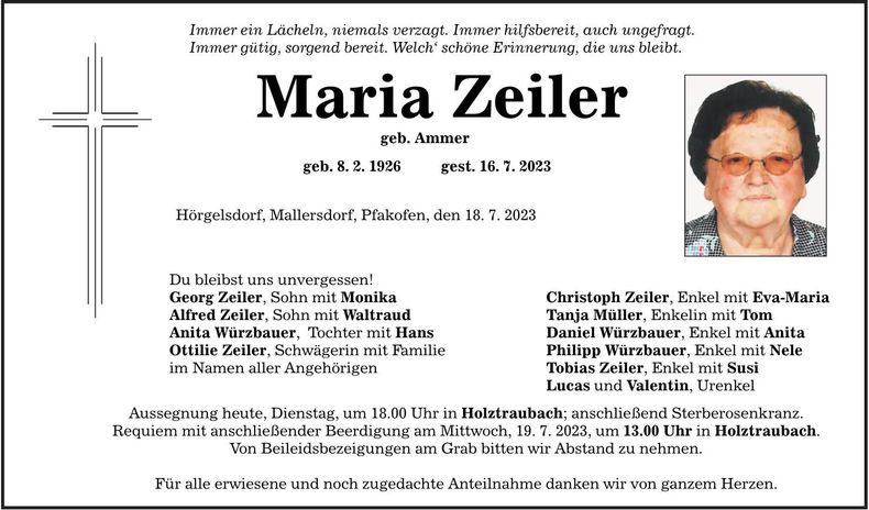 Traueranzeige Maria Zeiler