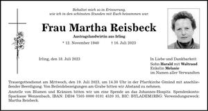 Traueranzeige Martha Reisbeck