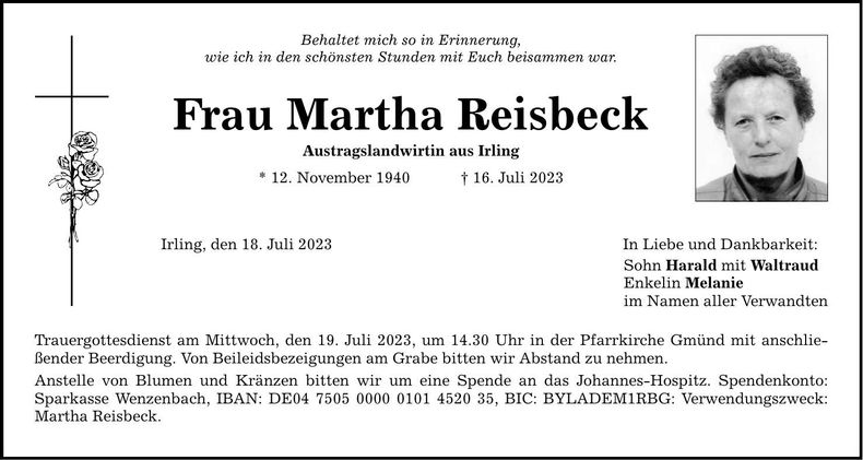 Traueranzeige Martha Reisbeck