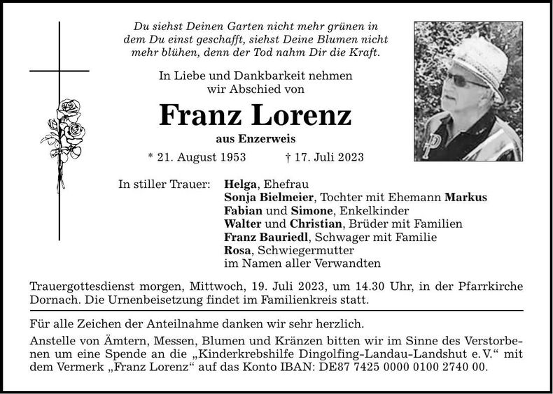 Traueranzeige Franz Lorenz