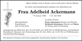 Traueranzeige Adelheid Ackermann