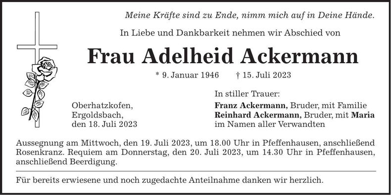 Traueranzeige Adelheid Ackermann