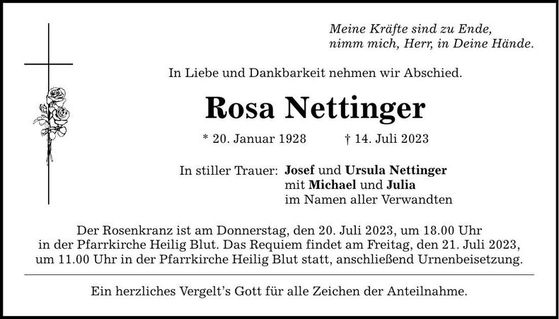 Traueranzeige Rosa Nettinger