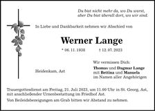 Traueranzeige Werner Lange