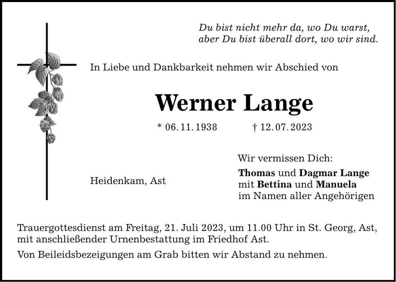 Traueranzeige Werner Lange